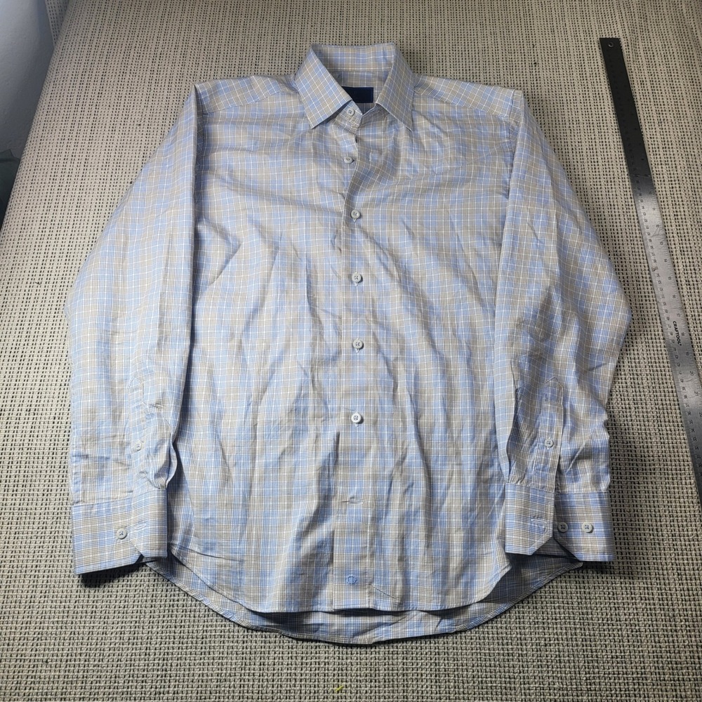 David Donahue Shirt Mens Small Blue Tan Plaid Button Down Long Sleeve 6437